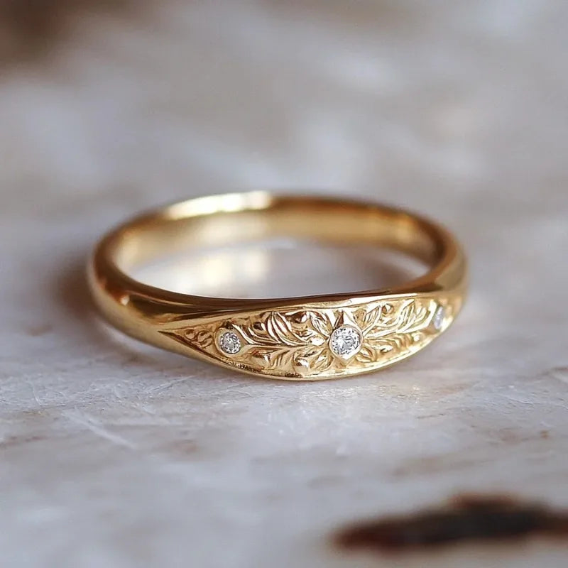 Classic Inlaid White CZ Flower Women's Ring Trendy Gold color