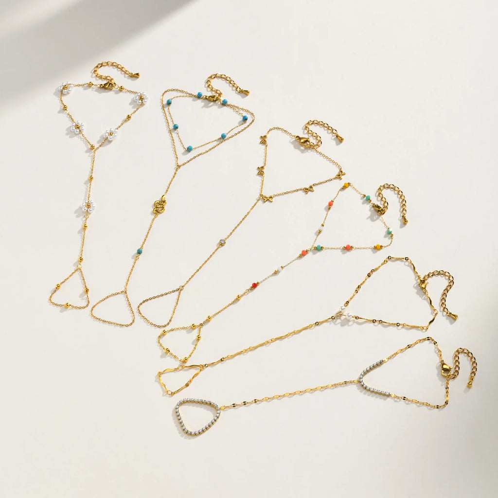 Bohemian Ring Bracelet Finger Hand Chain, 18K Gold Plated