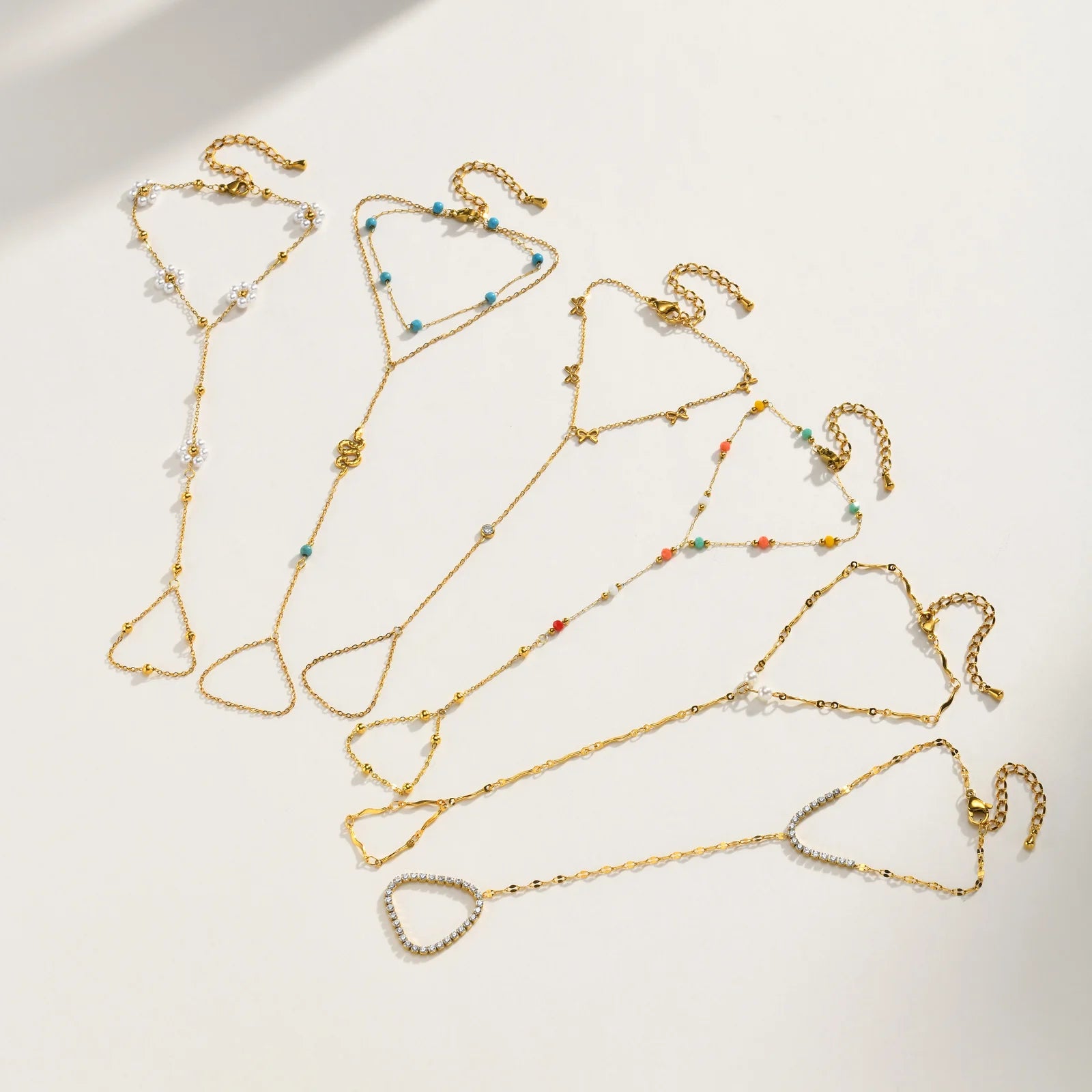 Bohemian Ring Bracelet Finger Hand Chain, 18K Gold Plated