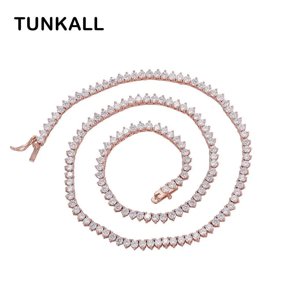 3mm Rose gold color Brass White Cubic Zircon 3 Prong Tennis Chain