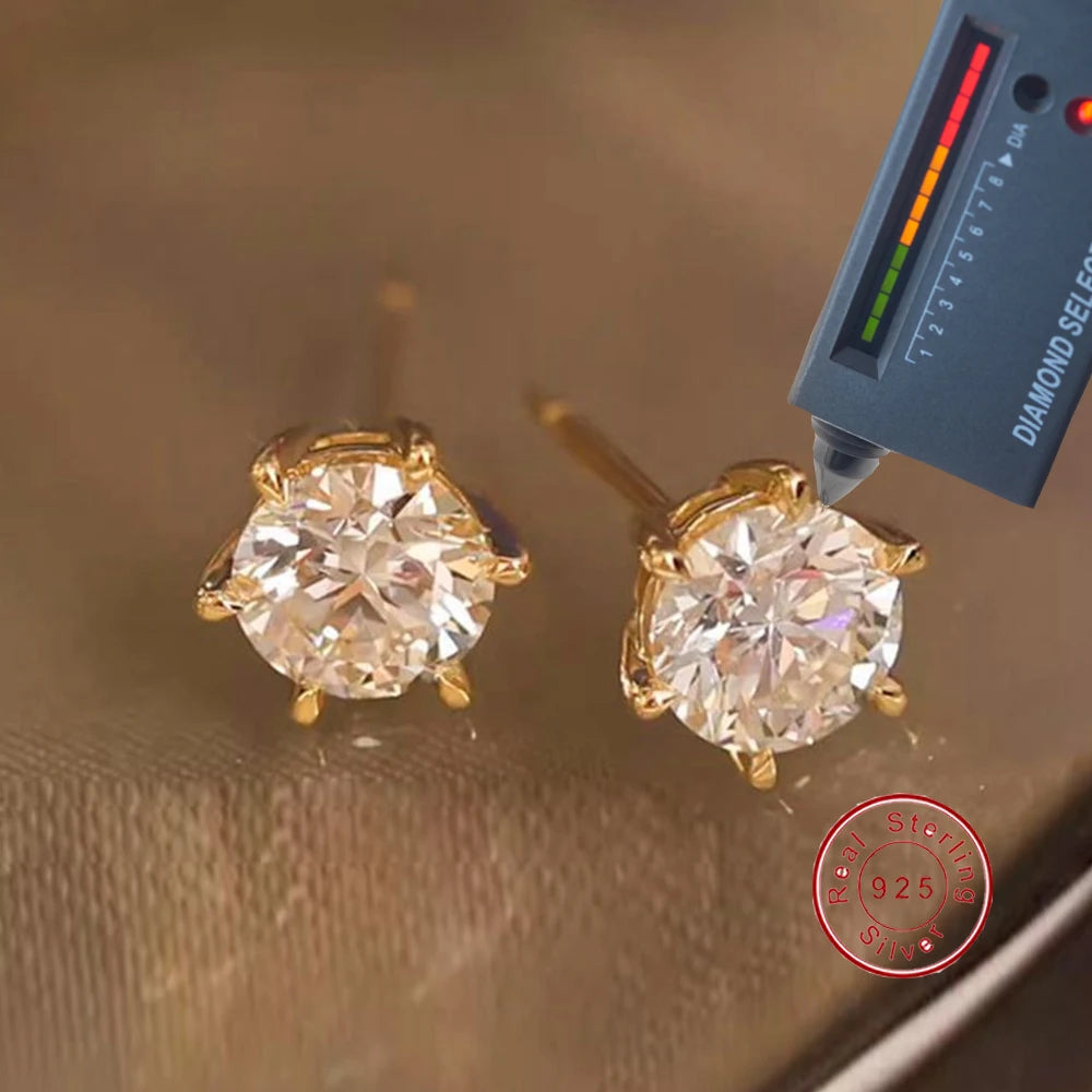 Classic Golden Six Claw Moissanite Stud Earrings