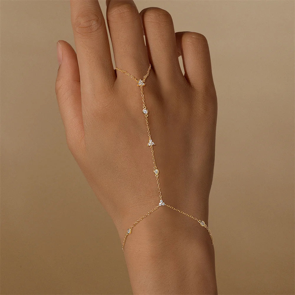 925 Sterling Silver Flower Clover CZ Finger Ring Chain Bracelet For Women Ins Hand Chain Horse Eye