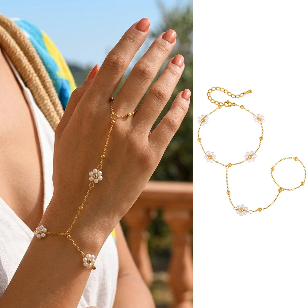 Bohemian Ring Bracelet Finger Hand Chain, 18K Gold Plated