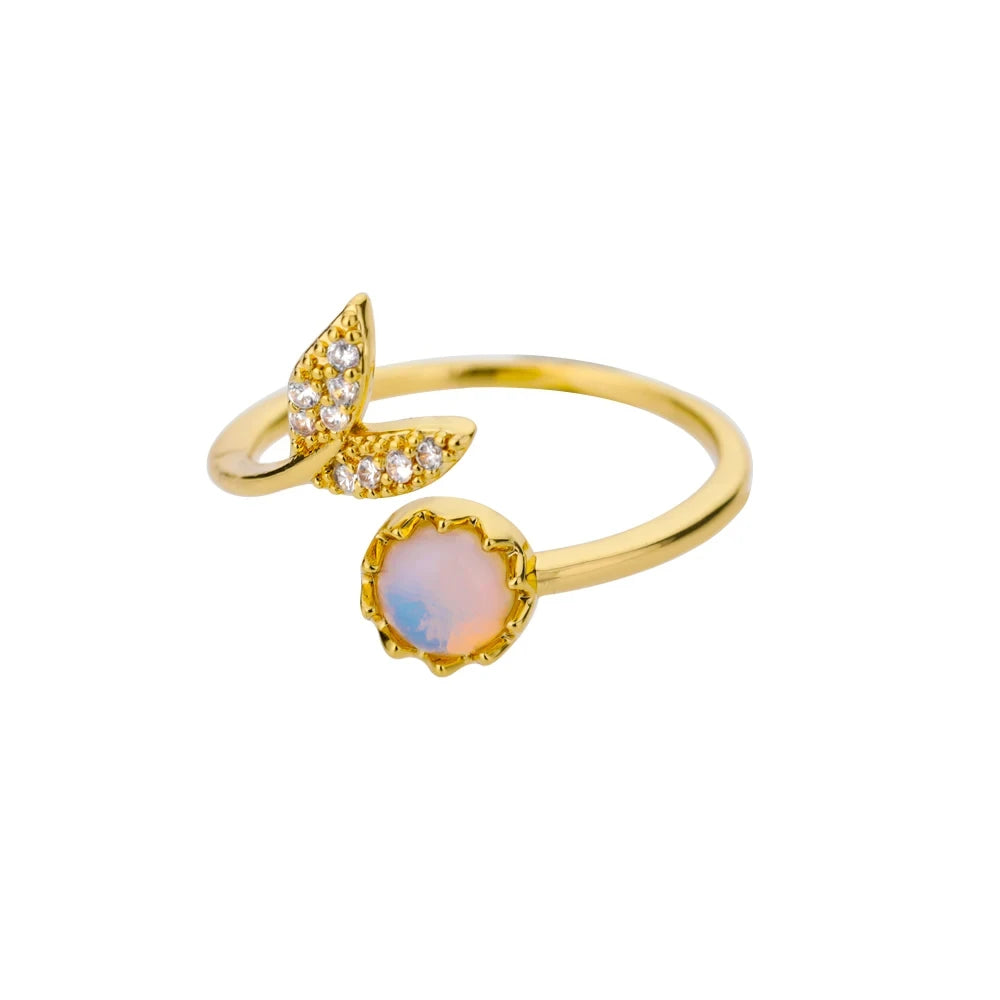 Stainless Steel Lotus Flower Ring for Women Gold Color Vintage Stone Opal Oval