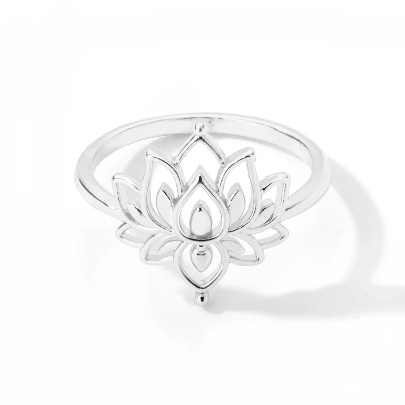 Stainless Steel Lotus Flower Ring for Women Gold Color Vintage Stone Opal Oval