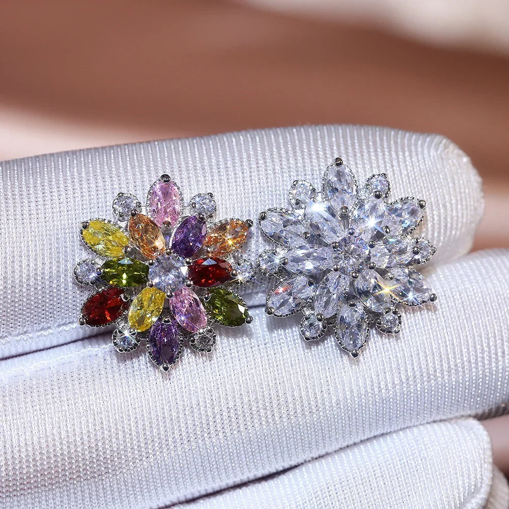 Cubic Zirconia 925 Silver Needle Stud Flower