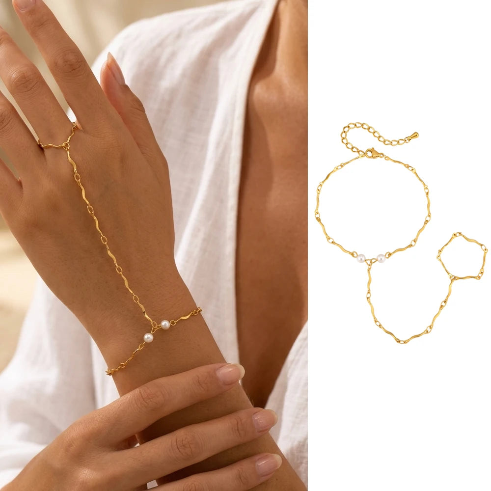 Bohemian Ring Bracelet Finger Hand Chain, 18K Gold Plated