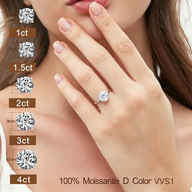 Women's Round Moissanite Rings 925 Sterling Silver VVS Moissanite Ring 0.5/1/1.5/2/3/4CT Moissanite Diamond with GRA Certificate