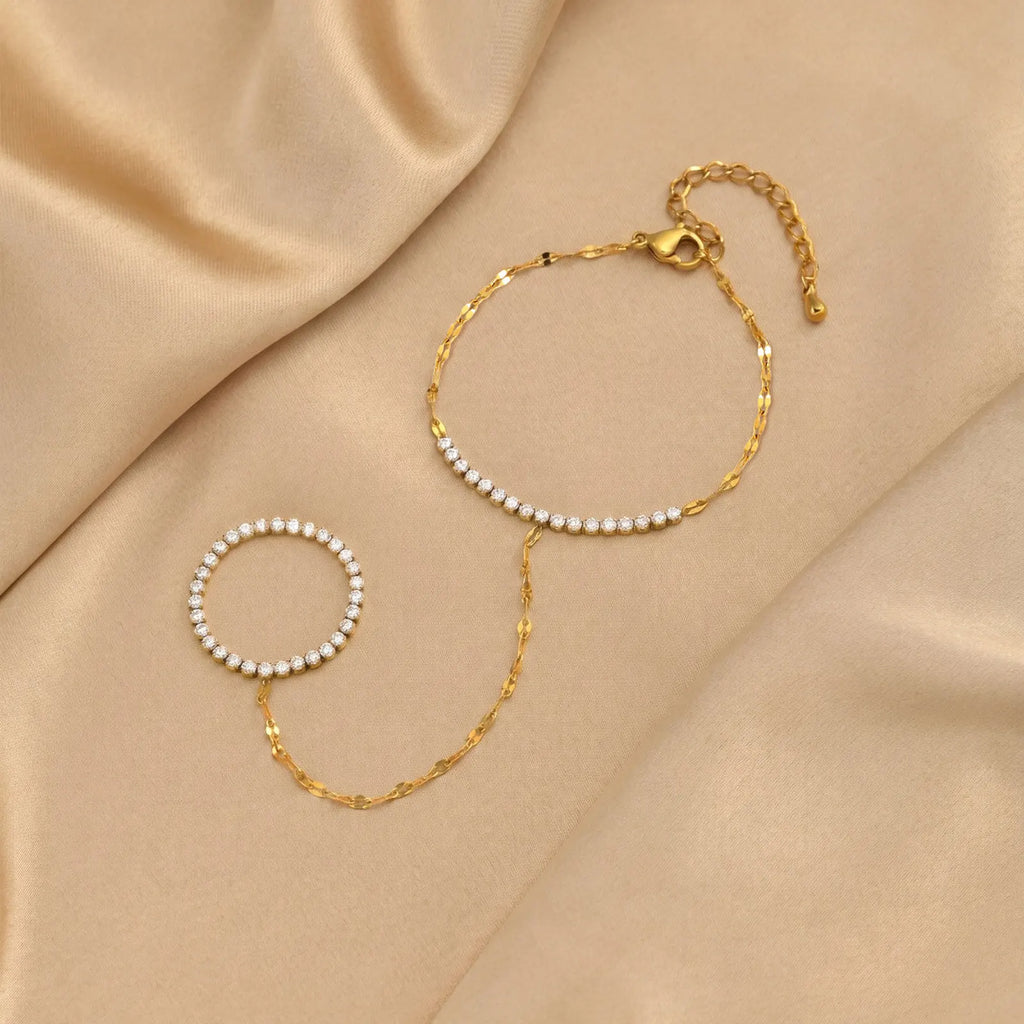 Bohemian Ring Bracelet Finger Hand Chain, 18K Gold Plated