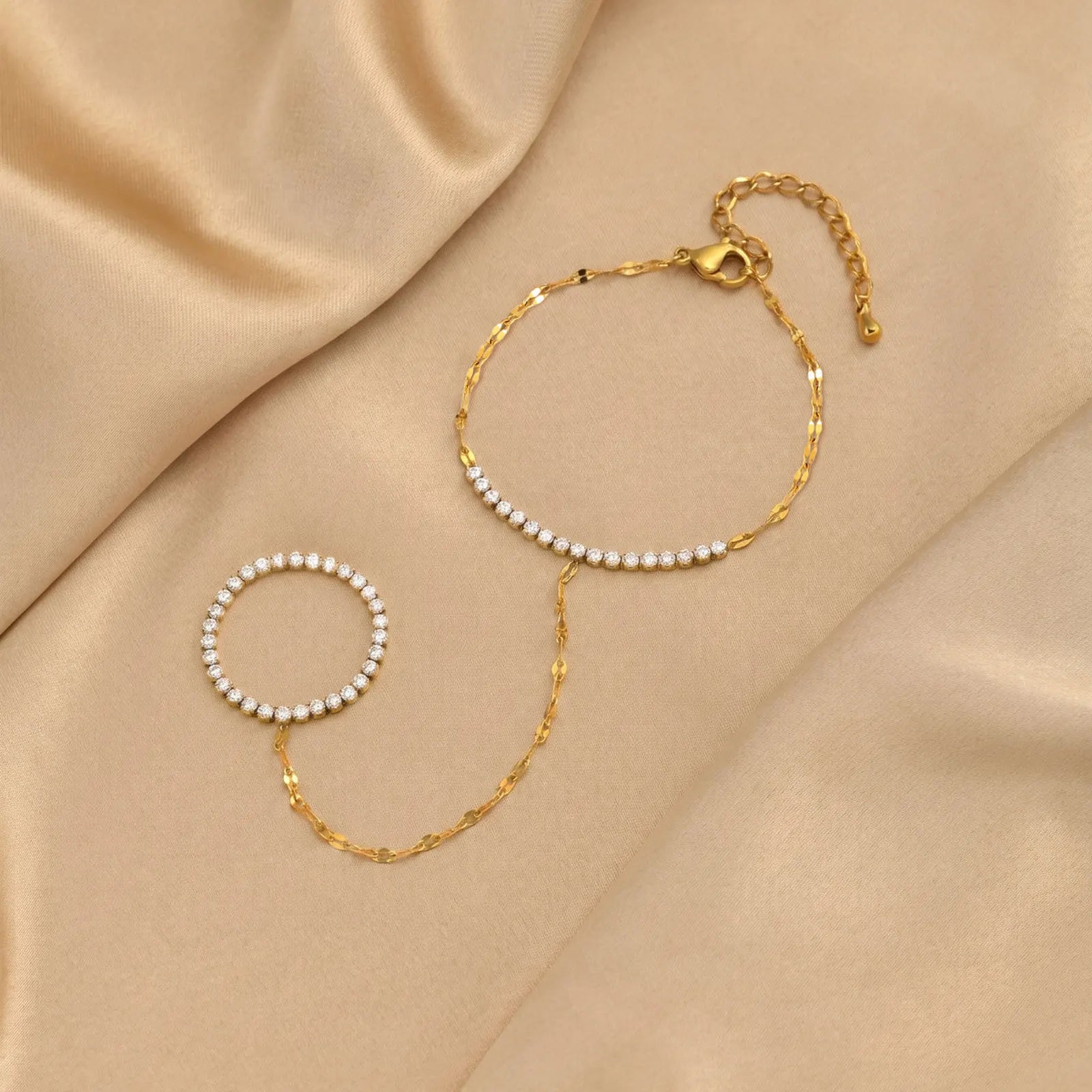 Bohemian Ring Bracelet Finger Hand Chain, 18K Gold Plated