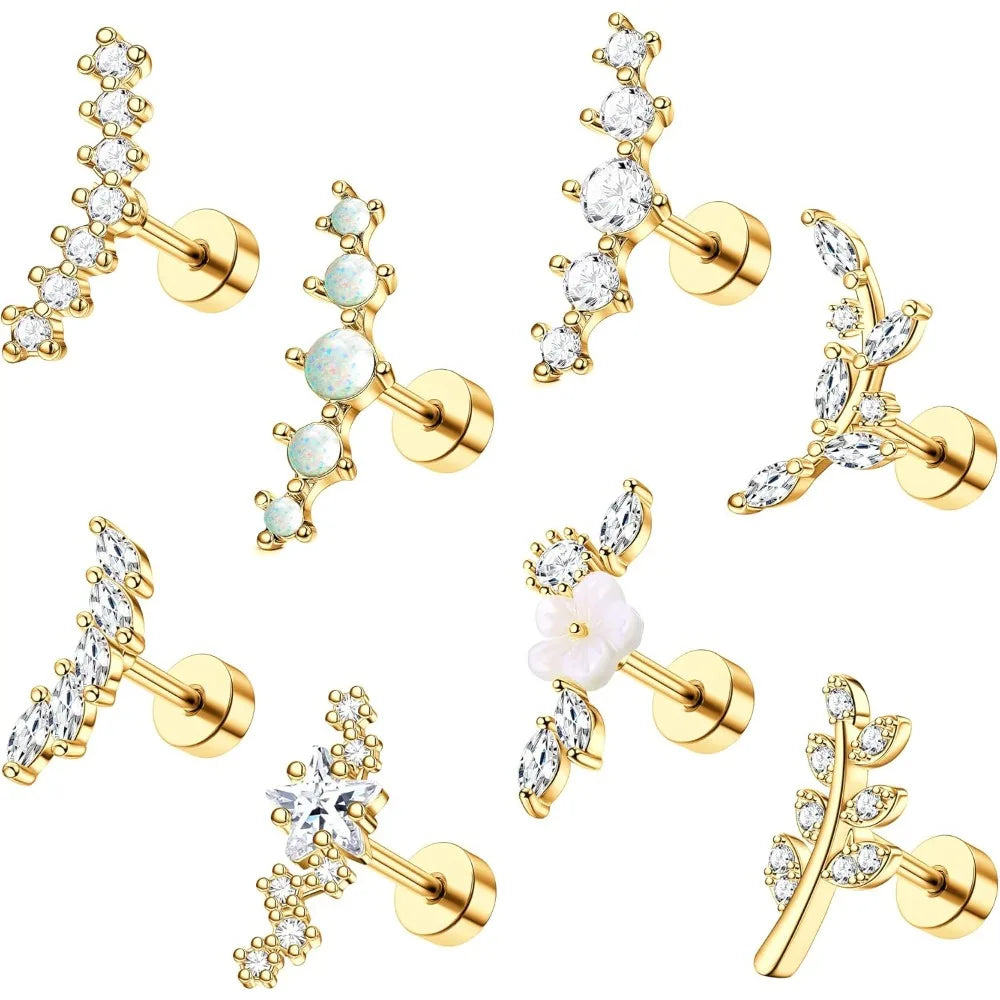 Bobisty 1pc 16G Cartilage Earring Stainless Steel Opal CZ Cartilage Conch Helix