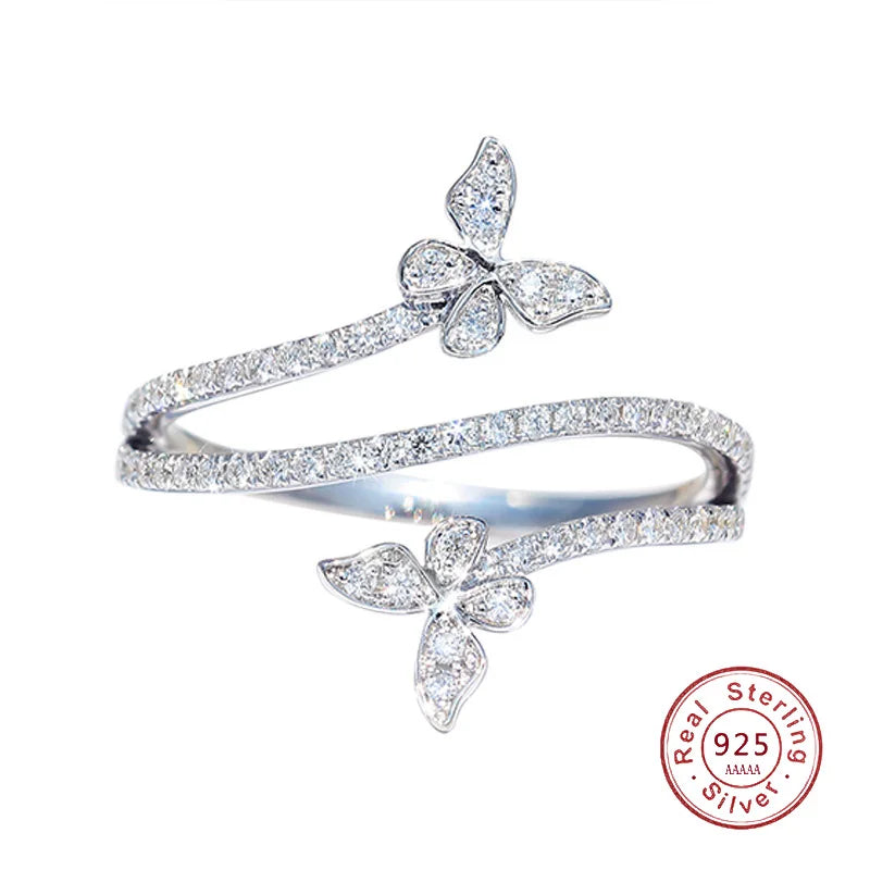Double Butterfly Ring for Women 925 Sterling Silver Clear Zircon Diamond