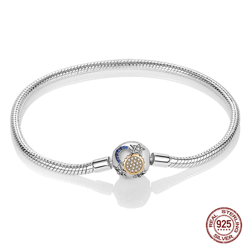 Bracelet Silver 925  17-20CM Star Moon Sun Four Leaf Clover Green Zircon