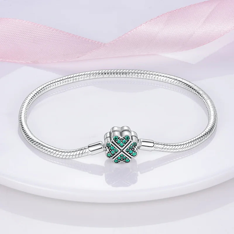 Bracelet Silver 925  17-20CM Star Moon Sun Four Leaf Clover Green Zircon