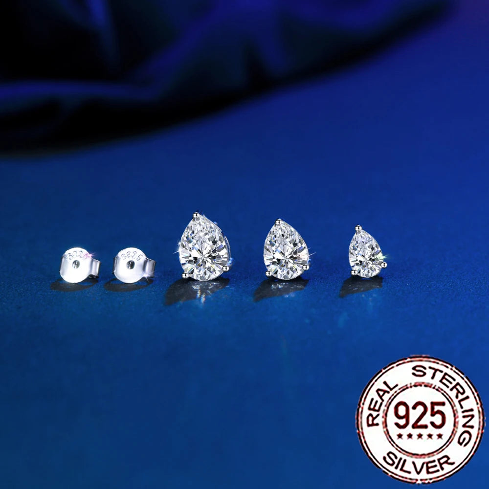 Sterling Silver Shiny Cubic Zirconia Water Drop Stud Earrings