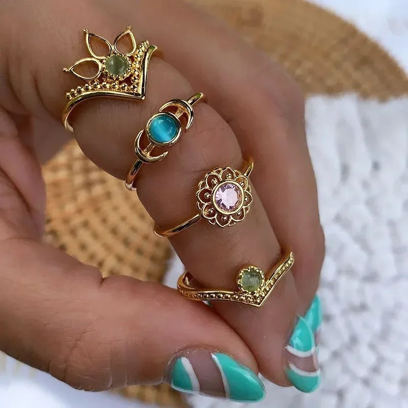 Stainless Steel Lotus Flower Ring for Women Gold Color Vintage Stone Opal Oval