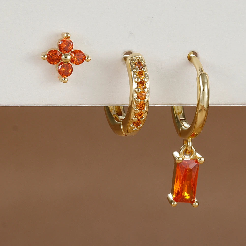 3PCS Orange Blue Zircon Hanging Earrings Set for Wome
