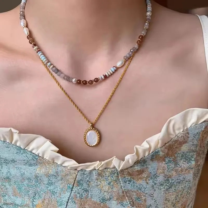 Crystal Stone Pearl Handmade Beadeds Chain Necklace