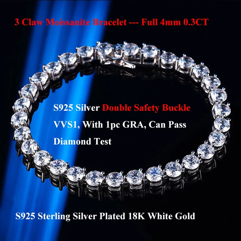3 Claw Setting D Color VVS1 Full Paved Moissanite Tennis Bracelet