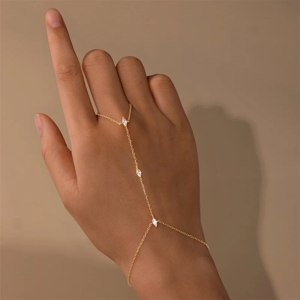 925 Sterling Silver Flower Clover CZ Finger Ring Chain Bracelet For Women Ins Hand Chain Horse Eye