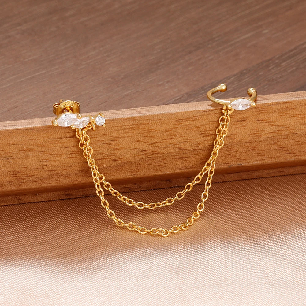 1PC Stainless Steel Chain Tassel Zircon Drop Earrings For Women 14K Gold Plated Geometric Ear Clip Earring