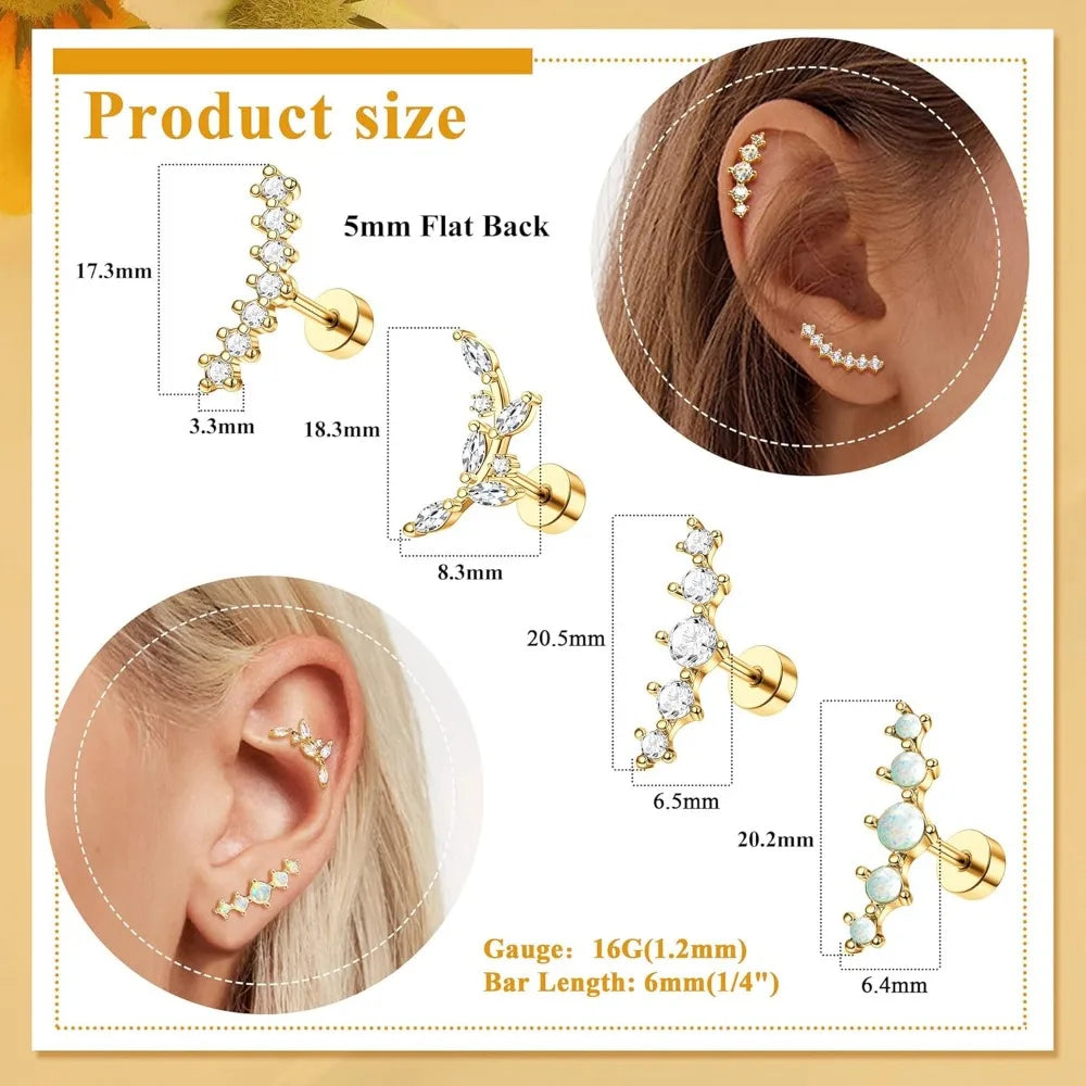 Bobisty 1pc 16G Cartilage Earring Stainless Steel Opal CZ Cartilage Conch Helix