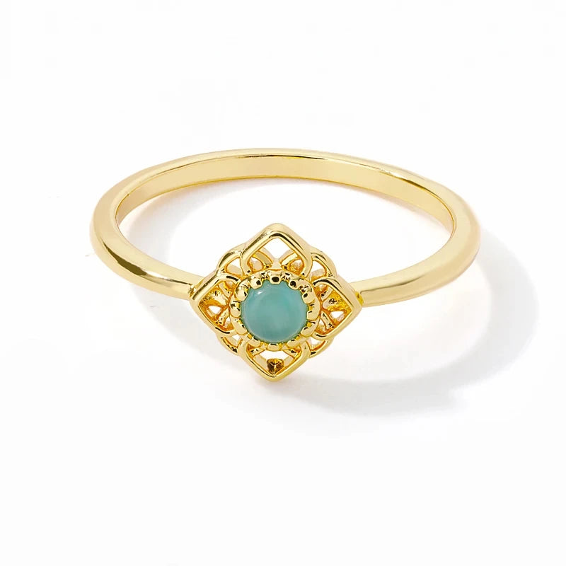 Stainless Steel Lotus Flower Ring for Women Gold Color Vintage Stone Opal Oval