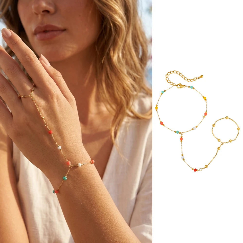 Bohemian Ring Bracelet Finger Hand Chain, 18K Gold Plated