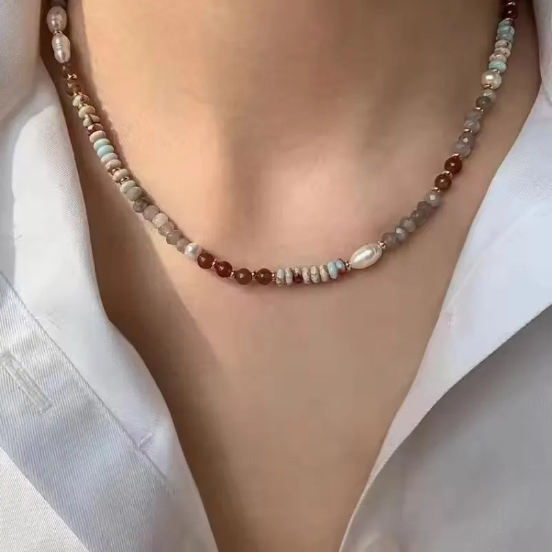 Crystal Stone Pearl Handmade Beadeds Chain Necklace