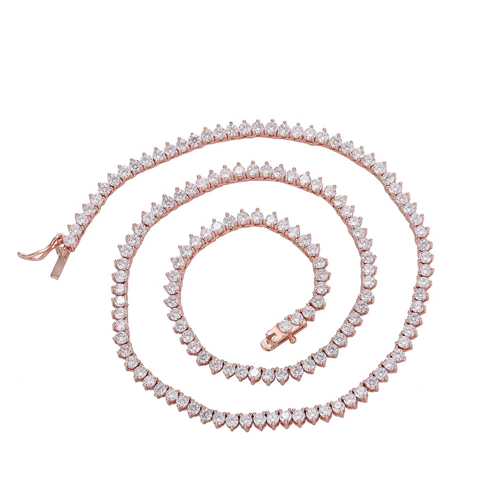 3mm Rose gold color Brass White Cubic Zircon 3 Prong Tennis Chain