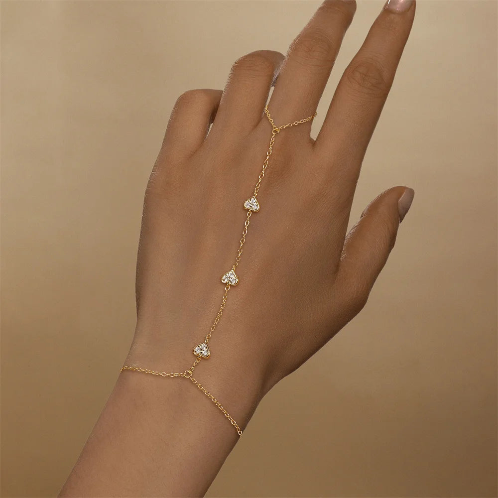 925 Sterling Silver Flower Clover CZ Finger Ring Chain Bracelet For Women Ins Hand Chain Horse Eye