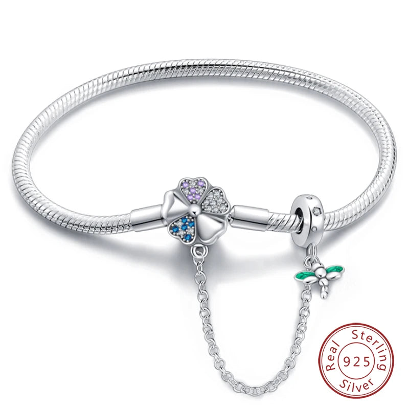 Bracelet Silver 925  17-20CM Star Moon Sun Four Leaf Clover Green Zircon