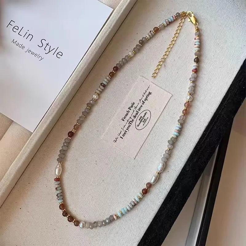 Crystal Stone Pearl Handmade Beadeds Chain Necklace