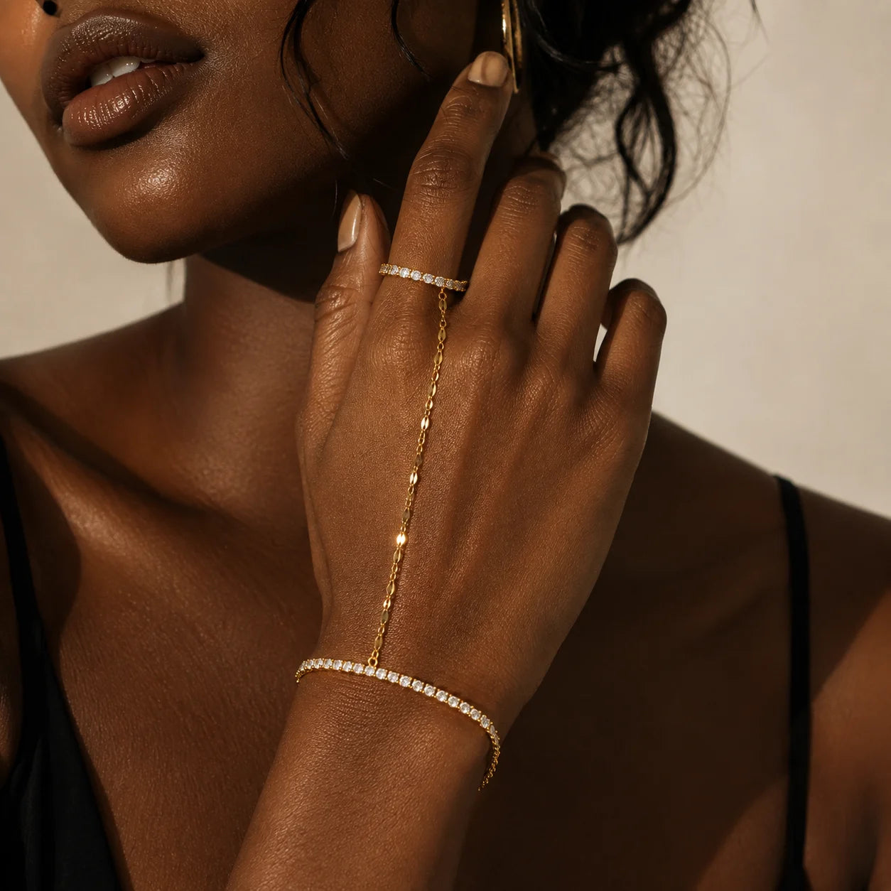 Bohemian Ring Bracelet Finger Hand Chain, 18K Gold Plated