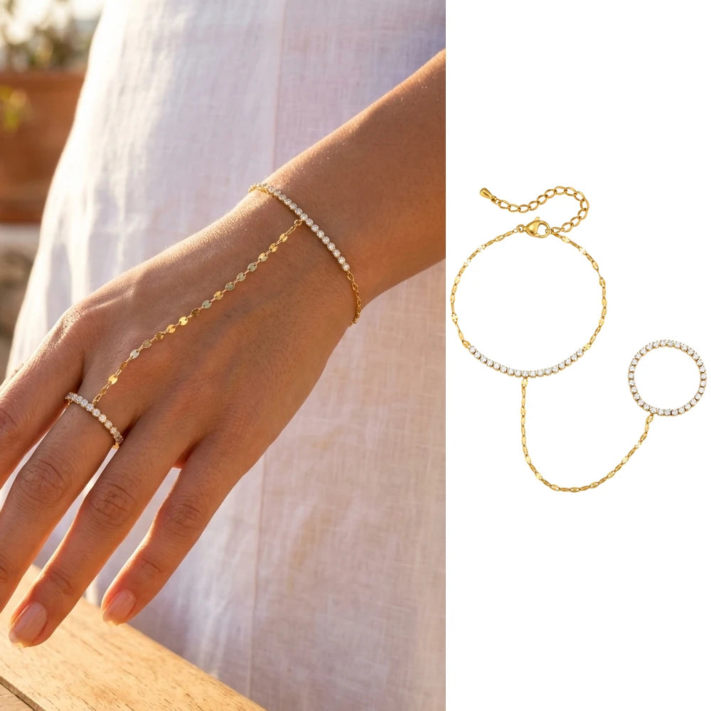 Bohemian Ring Bracelet Finger Hand Chain, 18K Gold Plated
